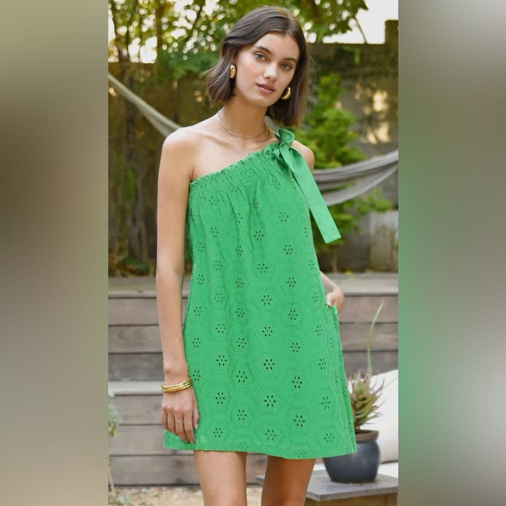 NWT Tropical One-Shoulder Bow Eyelet Dress Green Mini Dress